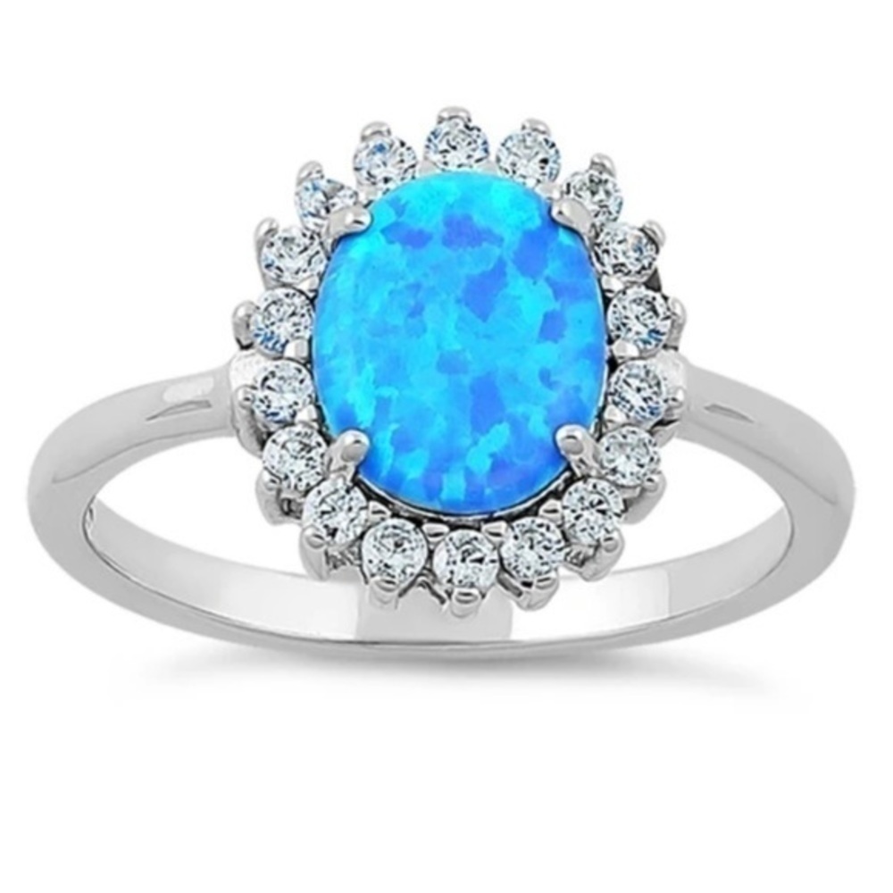 925 Sterling Silver Oval Blue Lab Opal CZ Ring - Picture 2 of 5